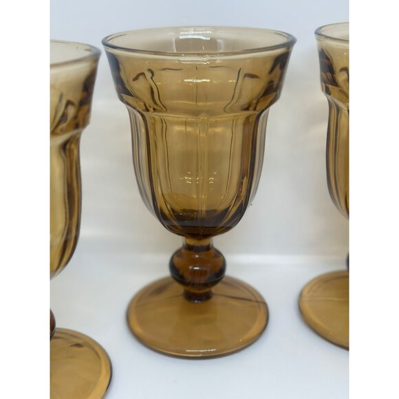 VTG Noritake Provincial Paneled Brown 5.5 inch tall Glass Water Goblet Set of 4 - Picture 2 of 8